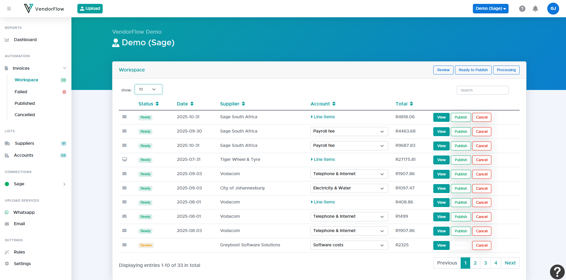VendorFlow main page showing the application workspace and invoice processing dashboard